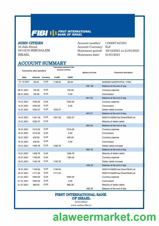 Israel First International Bank of Israel bank statement easy to fill template in Excel and PDF format
